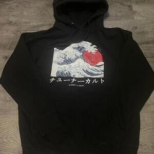 Black Hoodie with Japanese Wave and Red Sun Graphic